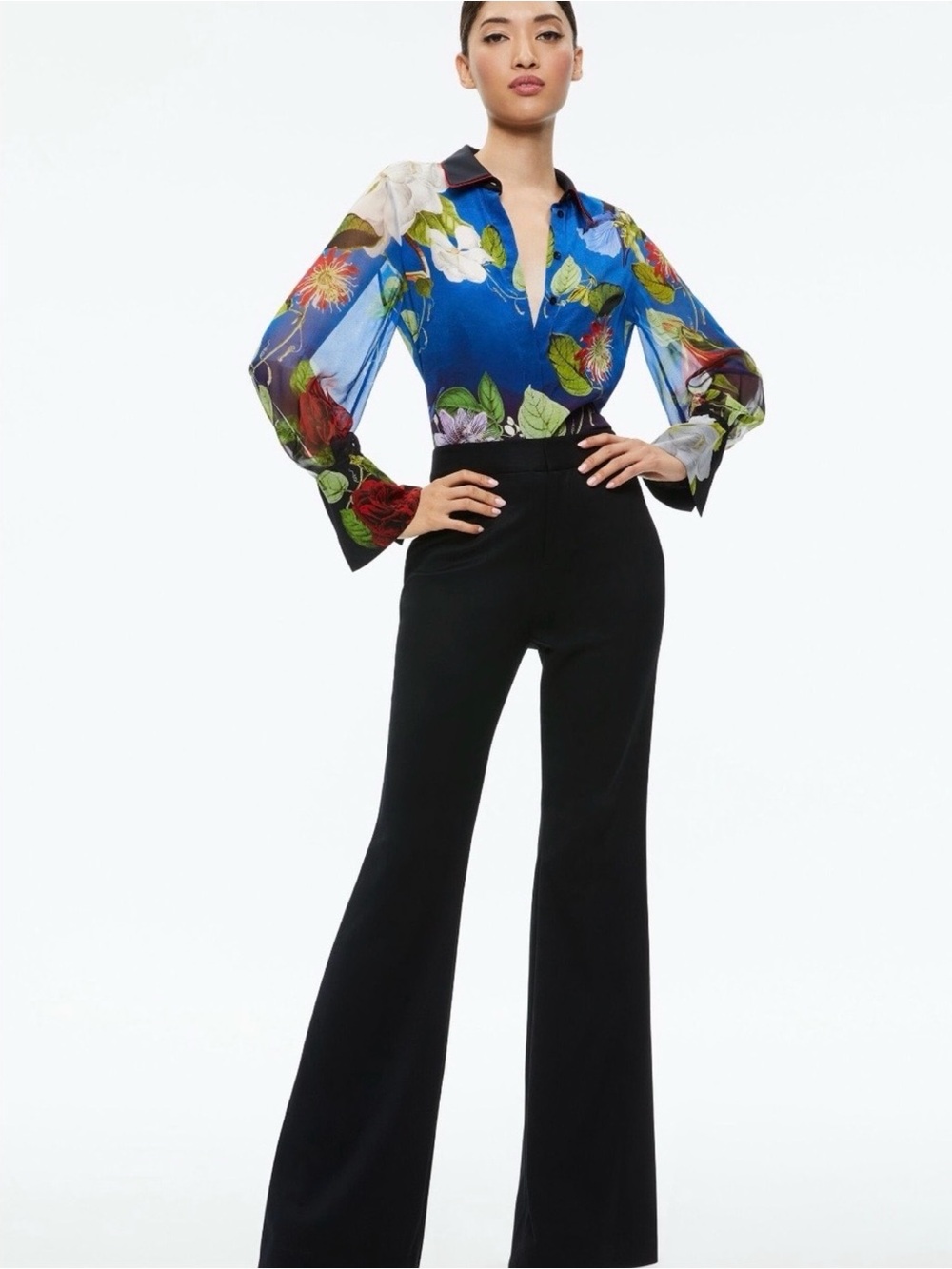 Alice + Olivia Botanical Floral Silk Blend Blouse Black Collar Red Piping M - Picture 7 of 9